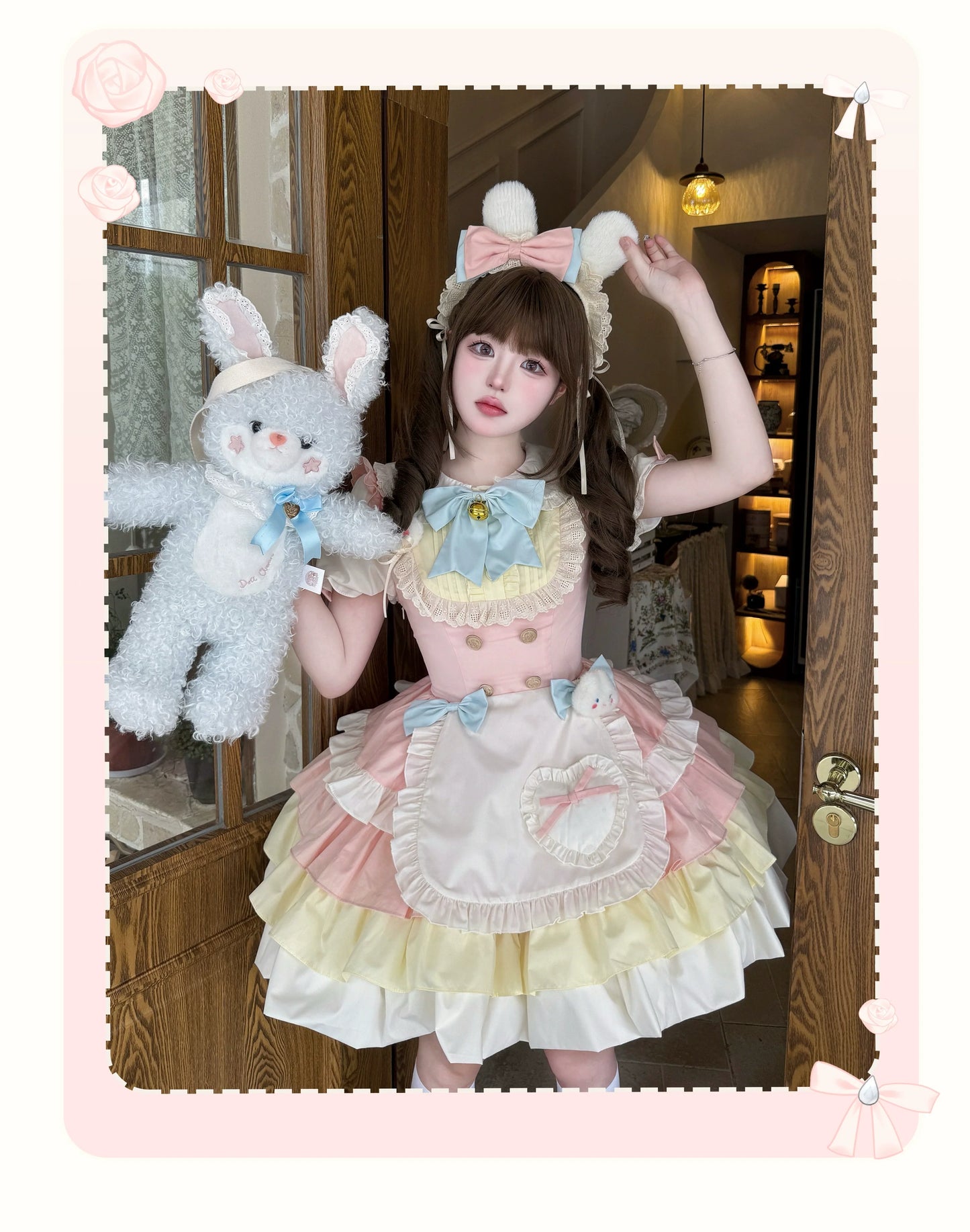 Platycodon House - Cream Puff - Sweet Lolita Apron OP Dress, Bunny & Bear Details