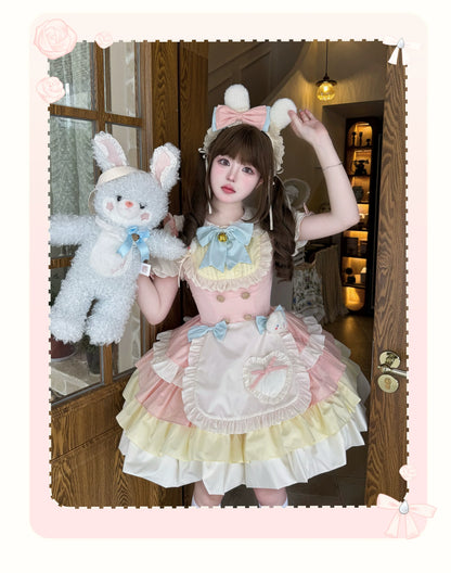 Platycodon House - Cream Puff - Sweet Lolita Apron OP Dress, Bunny & Bear Details