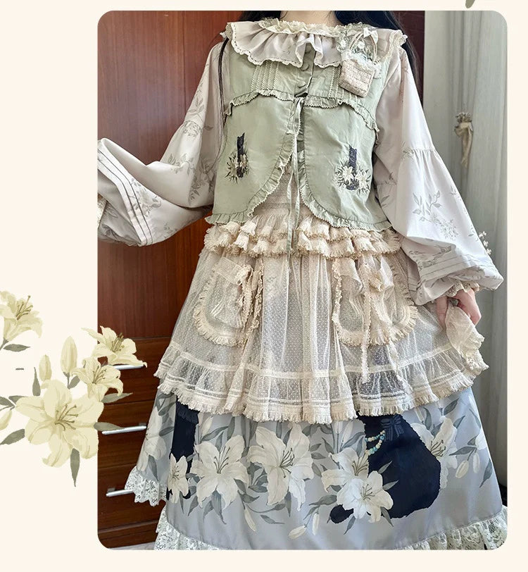 Akiyama Future Studio - Black Cat and Lily - Loose Kawaii Lolita OP Dress with Vest and Hat