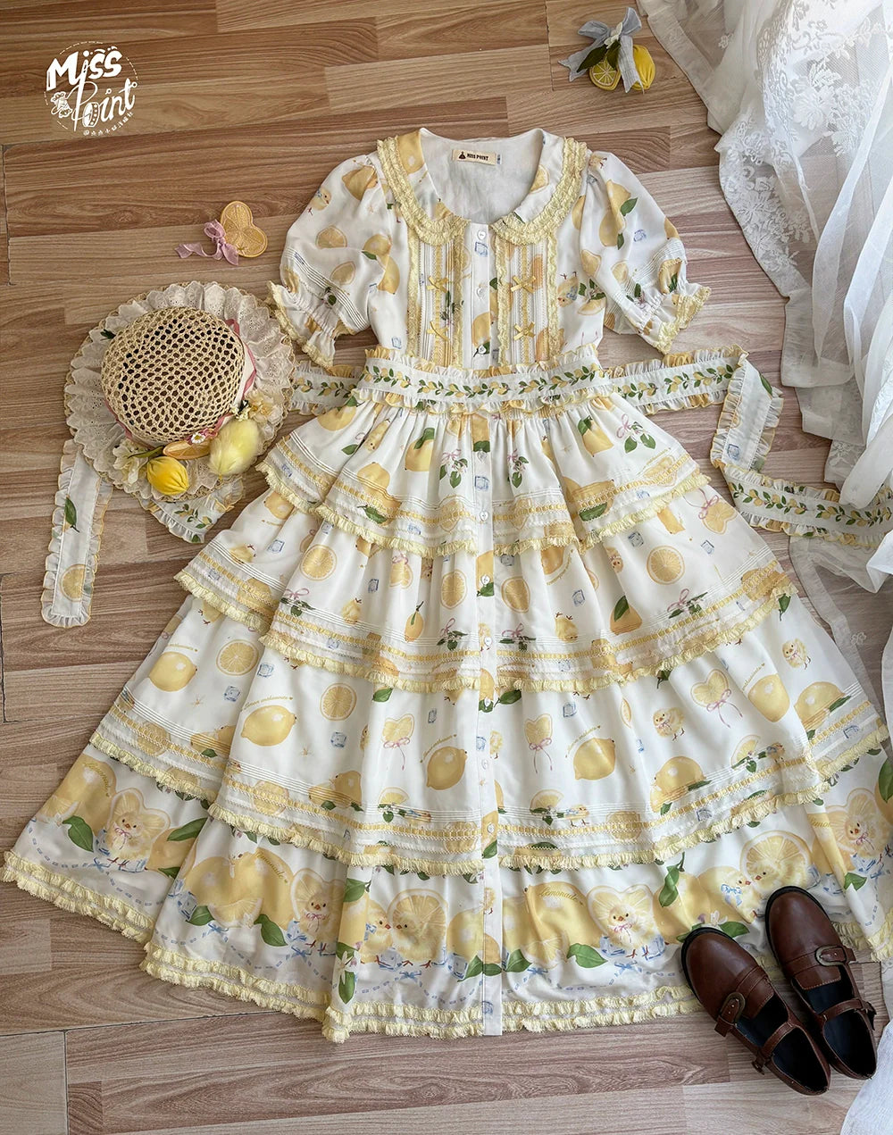 Miss Point - Lemon Chick - Country Lolita Printed OP With Button Front