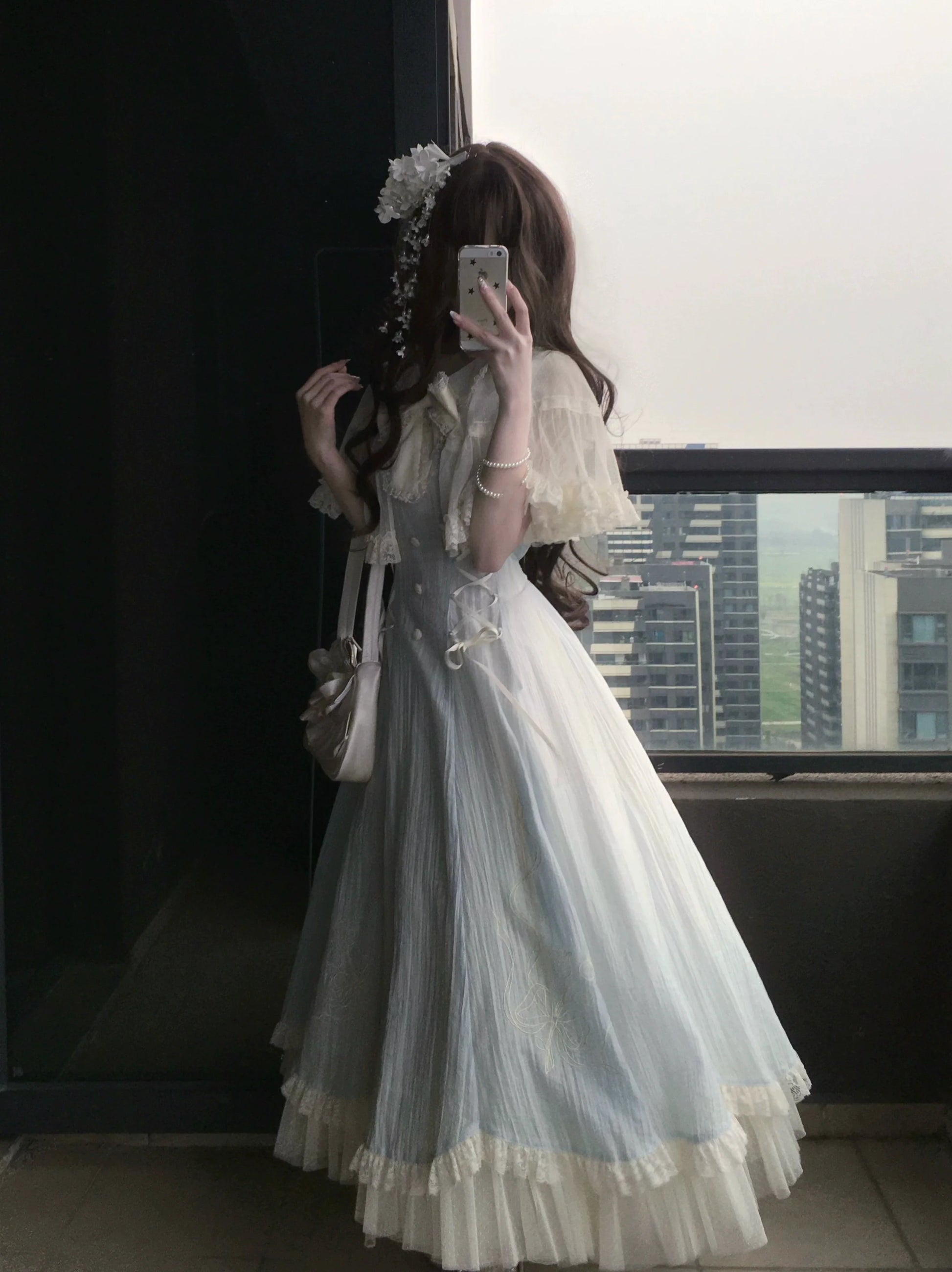 Kuma - Little Wind Chime - Elegant Lolita OP Water Blue Dress With Decorative Tulle Cape