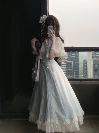 Kuma - Little Wind Chime - Elegant Lolita OP Water Blue Dress With Decorative Tulle Cape