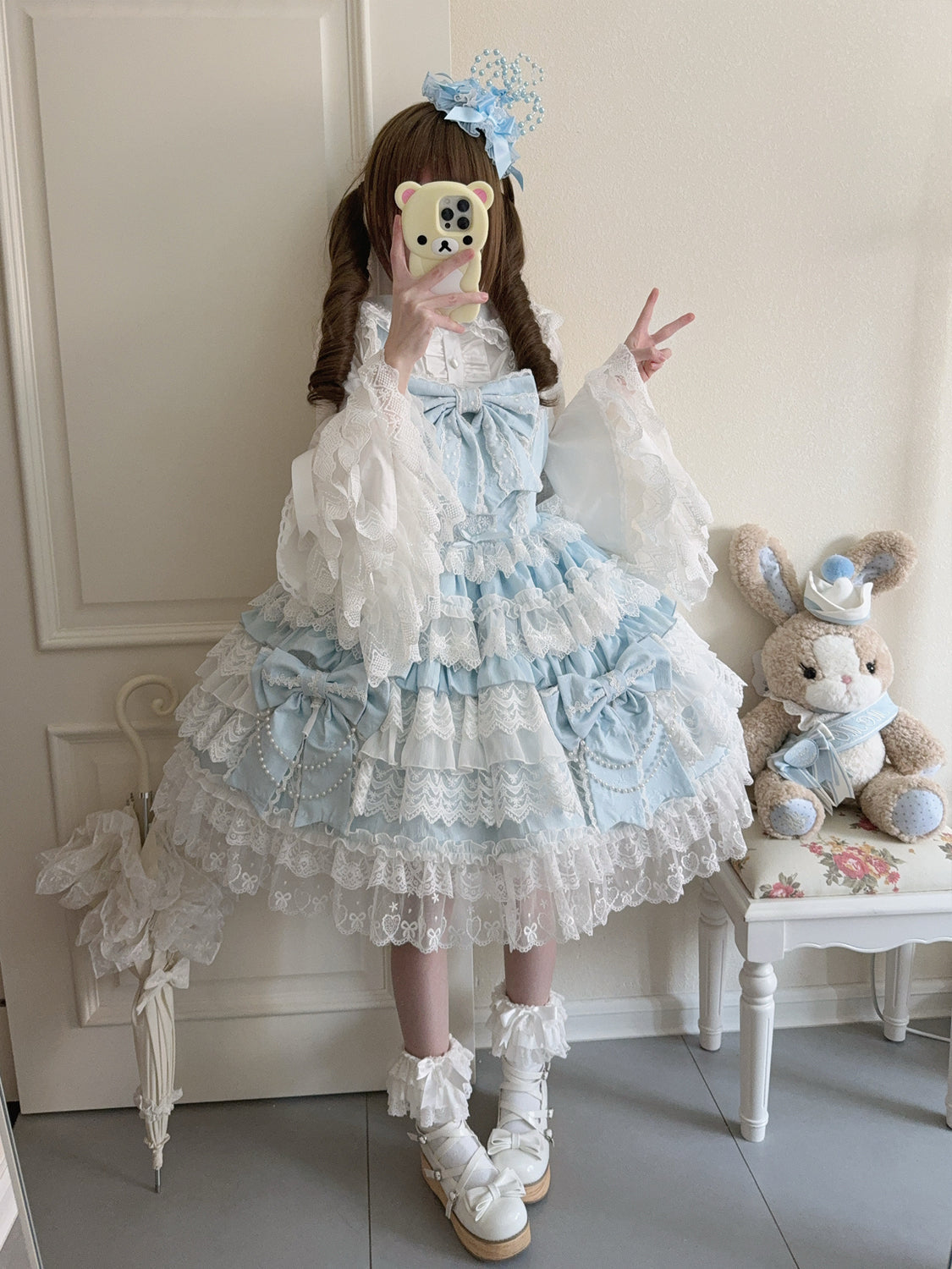 Hanguliang - Cross Heart Knot - Sweet Lolita JSK Suit Tiered Ruffles Dress with Lace Blouse