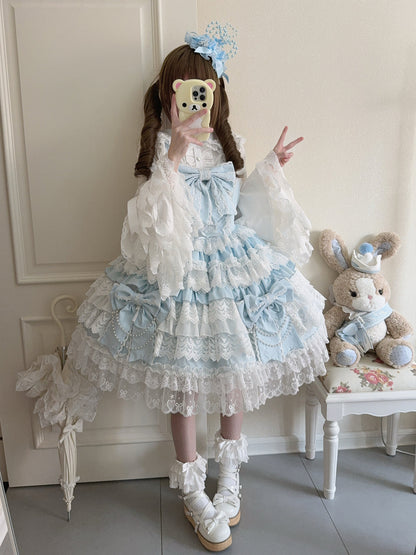 Hanguliang - Cross Heart Knot - Sweet Lolita JSK Suit Tiered Ruffles Dress with Lace Blouse