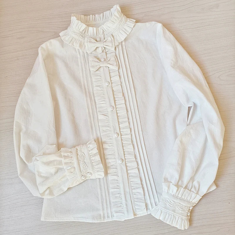 Youlan Lane - Winter Cotton Lolita Blouse White Long Sleeve Stand Collar Shirt