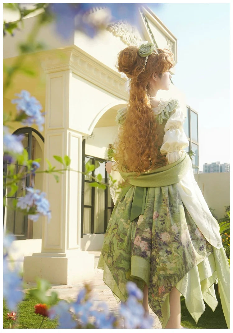 With PUJI - Blooming Rose - Chiffon Classic Lolita Dress Set Painting Styled OP & JSK