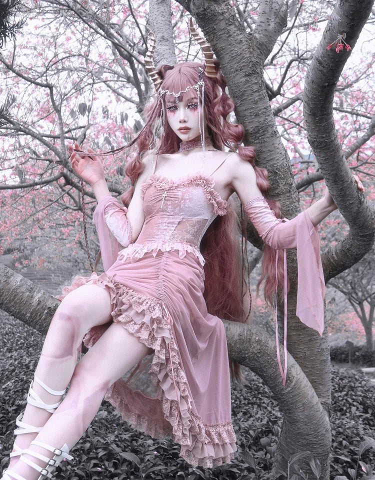 Blood Supply - Sakura Nightmare - Pink Gothic Velvet Drawstring Dress