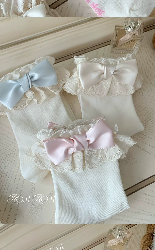 Roji Roji - Cotton Lolita Socks Lace Bow White Socks