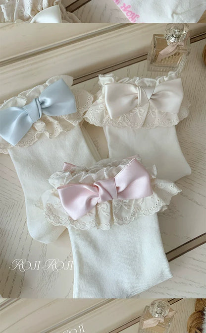Roji Roji - Cotton Lolita Socks Lace Bow White Socks