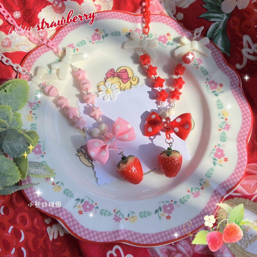 Bear Doll - Sweet Lolita Strawberry Necklace Red Polka Dot Bow