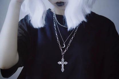 Strange Sugar - Gothic Lolita Necklace Triple Layer Metal Cross Sweater Chain