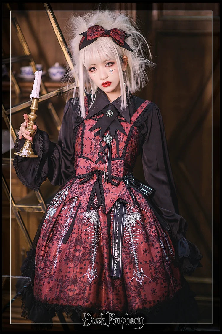 DuskProphecy - Coccyx - Elegant Lolita Dress High Waist Fishbone Print JSK Set