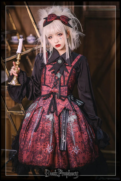DuskProphecy - Coccyx - Elegant Lolita Dress High Waist Fishbone Print JSK Set