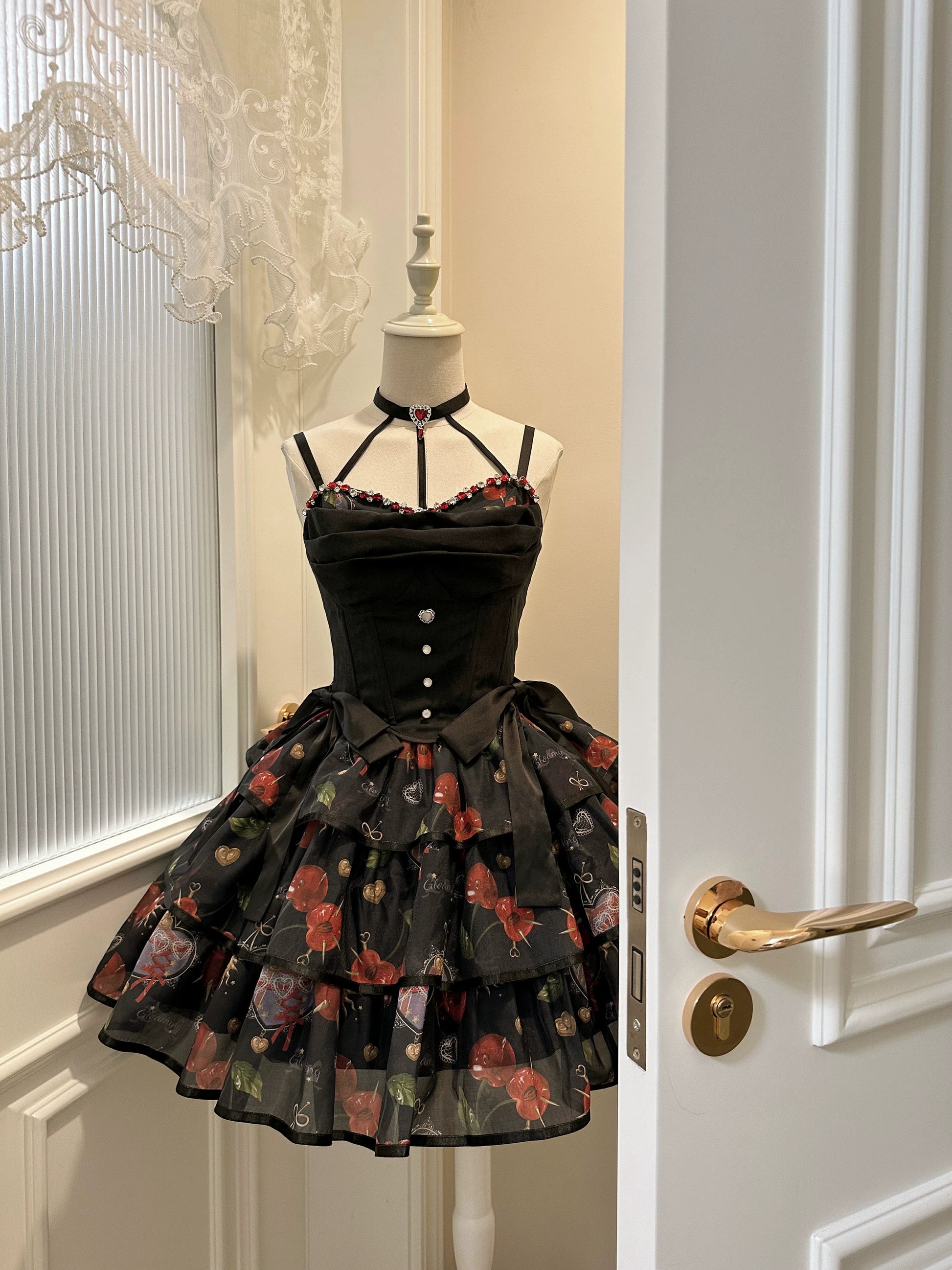 Gloaming - Sweet Lolita Cherry print Short Sleeve OP and SK Set