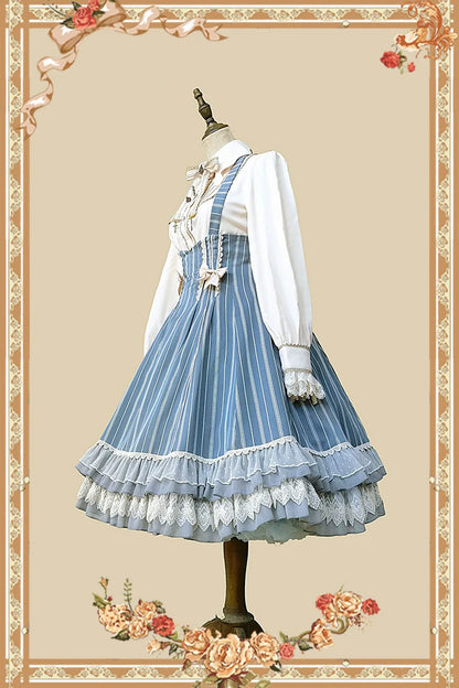 Infanta - Elegant Lolita Stripe High-waist Jumper Dress Set and Cape
