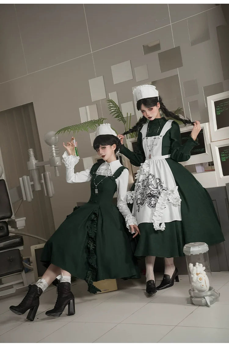 With PUJI - Letter and Poetry ﾂｷ Abyss Clinic - Gothic Lolita Green Dress Set