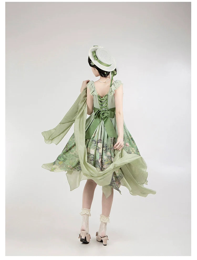 With PUJI - Blooming Rose - Chiffon Classic Lolita Dress Set Painting Styled OP & JSK