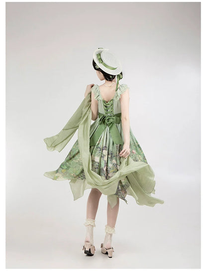 With PUJI - Blooming Rose - Chiffon Classic Lolita Dress Set Painting Styled OP & JSK