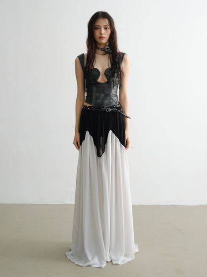 Contrast Stitching Rivet Decorative Belt Chiffon Skirt