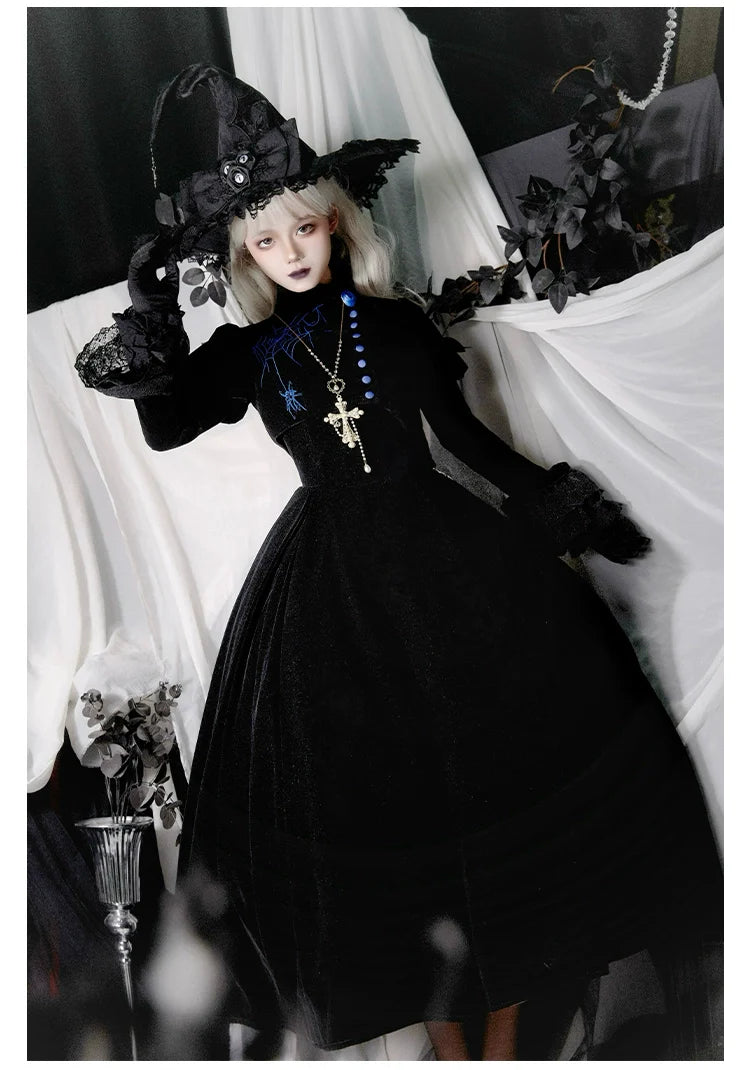 With PUJI - Enigmatic Night Poem - Halloween Gothic Lolita Fishbone Bustier Dress Embroidered Coat