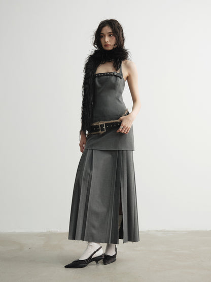 Fur Splicing Belt Low Waist Halter Neck Pleated Slit Dress