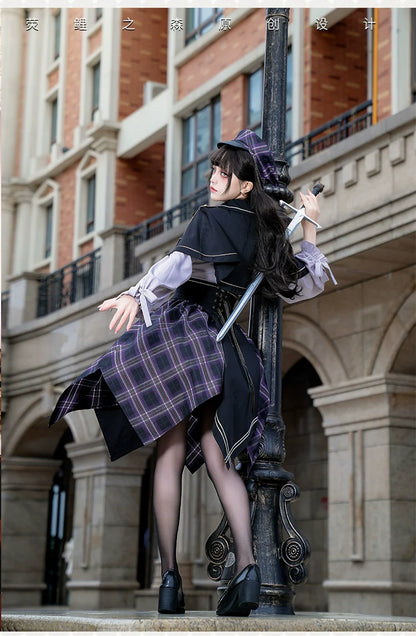 Forest Fluorescent Carps - Queen's Game - Military Lolita OP, Ouji Plaid Lolita Dress Set