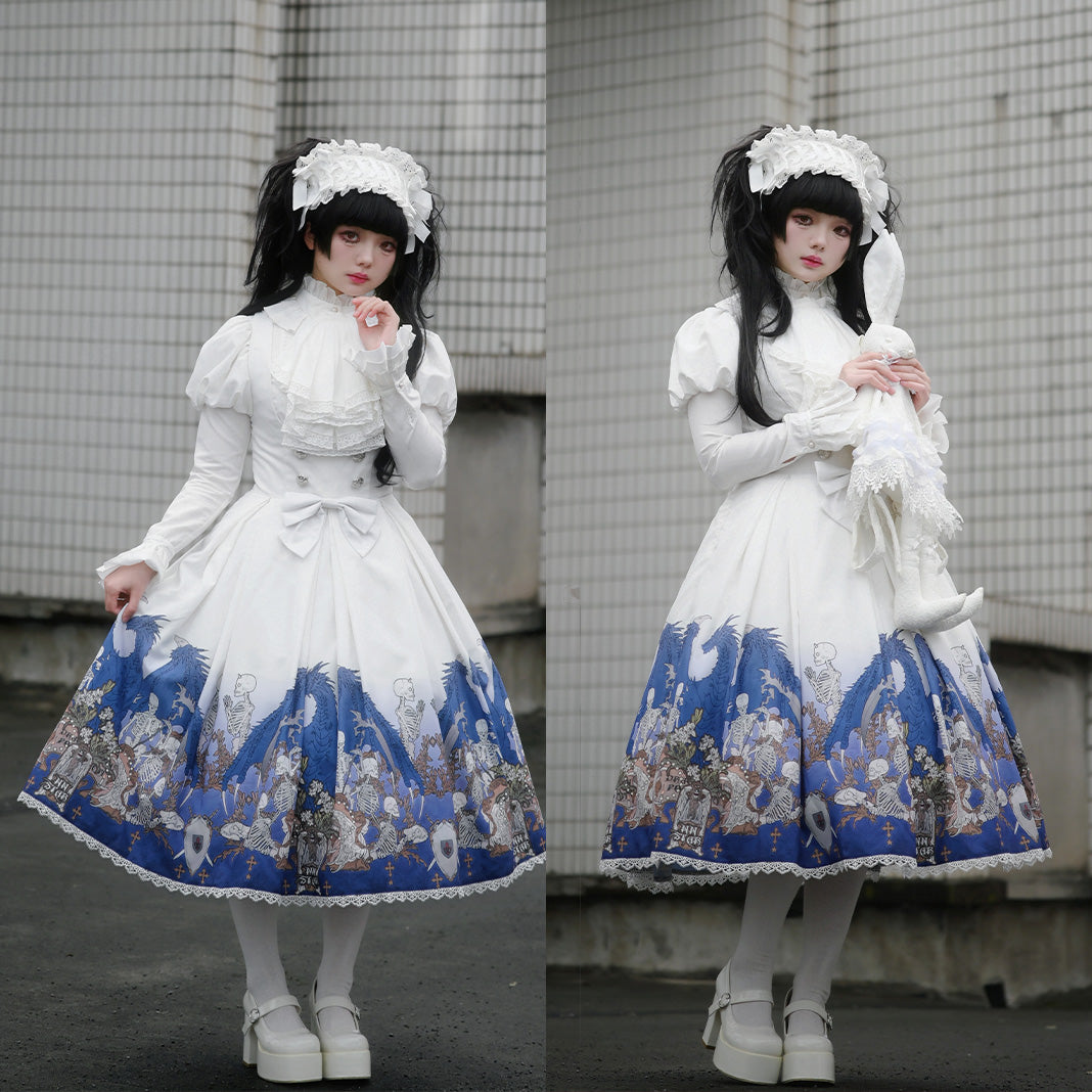 Nn Star - Dragonbone Lily - Dragon Skeleton Print Gothic Lolita Bust-supporting JSK and BNT