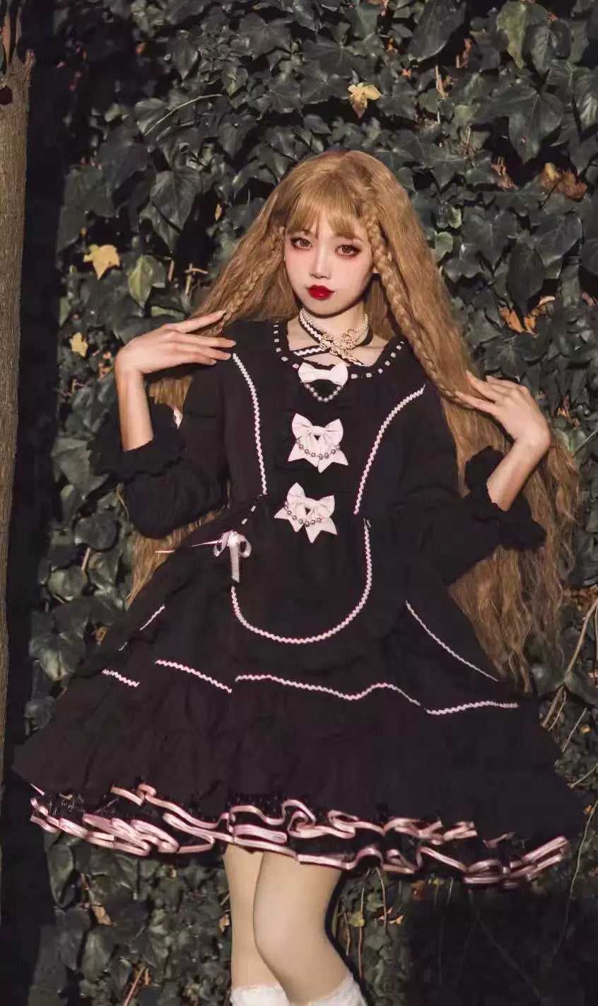 Catlow Rabbit - Black Lolita Doll OP/JSK with Adjustable Elasticity