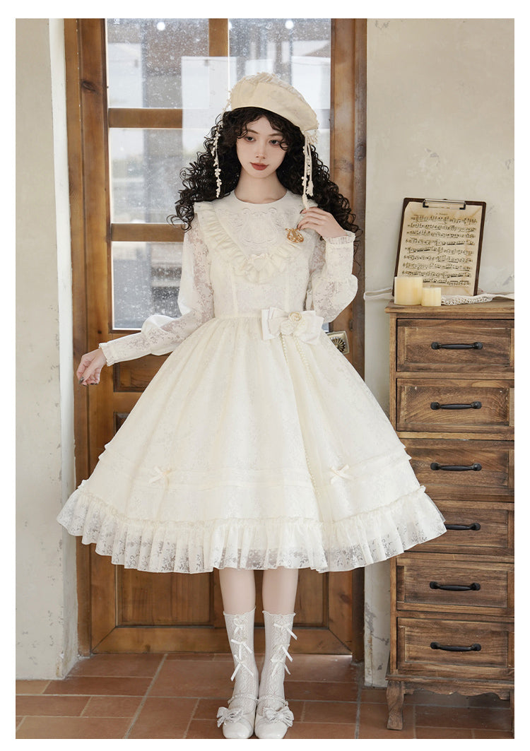 With PUJI - Floral Melody - Ivory Classic Lolita Long Sleeve OP Dress with Layered Bolero