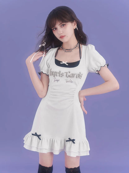 Strap halter neck short sleeve dress【s0000007842】