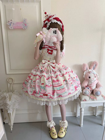 Hanguliang - Cherry Bake Song - Kawaii Lolita JSK Dress With Dessert Print & Cherry Bow