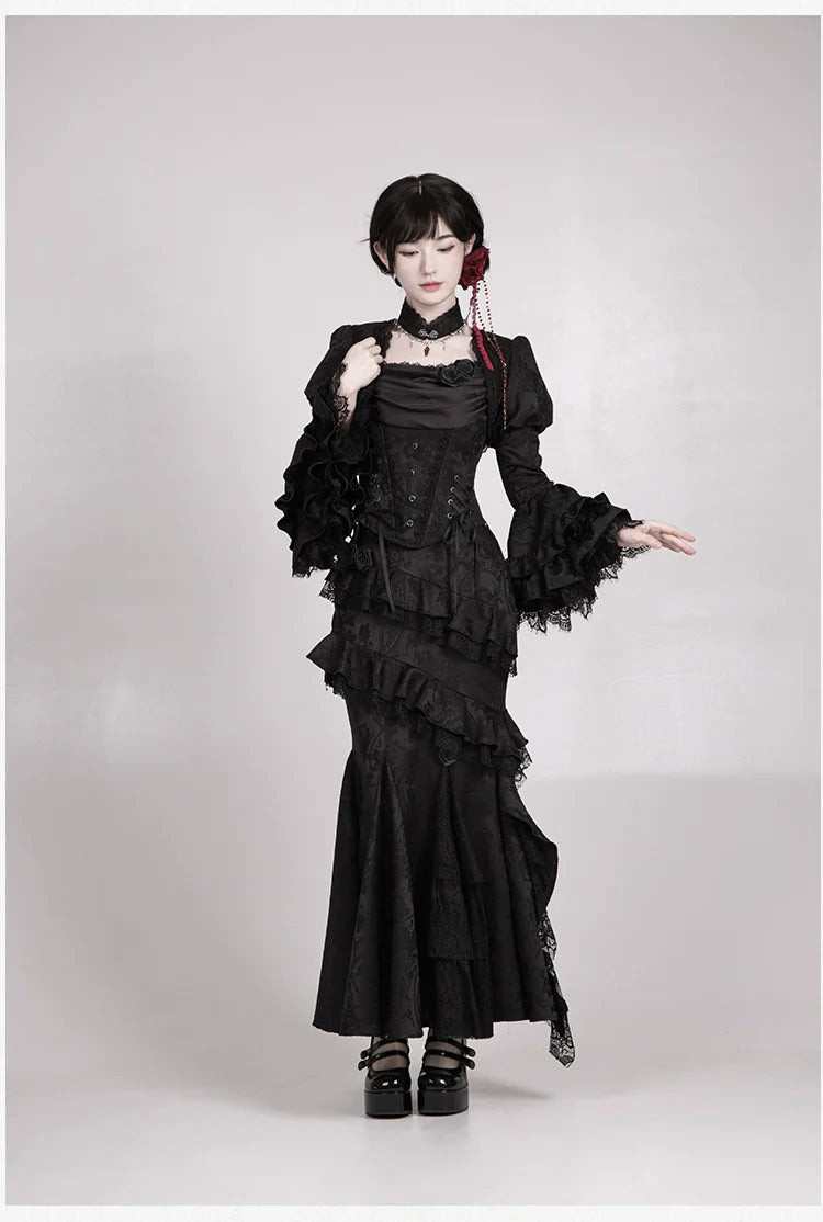 With PUJI - Letter and Poetry ﾂｷ Twilight - Black Gothic Lolita Skirt Set, Witch-Inspired
