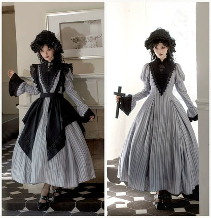With PUJI - Nocturne SP - Striped Gothic Lolita OP Twin Lolita Dress with Apron