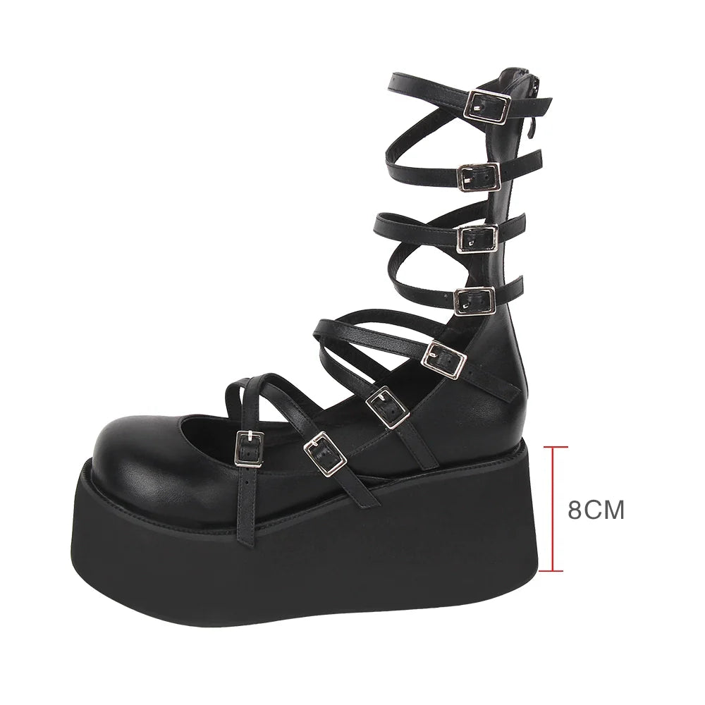 Angelic imprint - Punk Lolita High Platform Shoes With Calf-length Straps