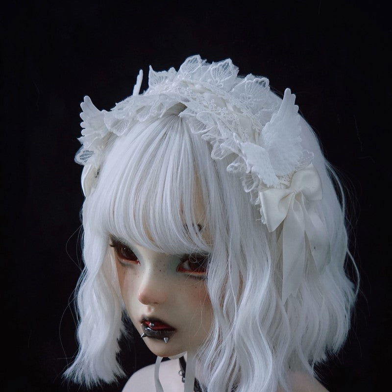 Strange Sugar - Gothic Lolita White Lace Angel Wings Hairband