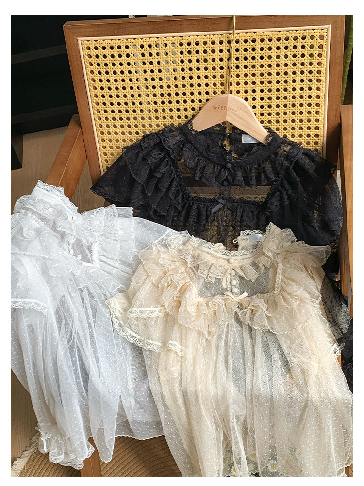 With PUJI - Letters and Poems - Summer Classic Lolita Shirt with Dotted Tulle and Long Sleeve