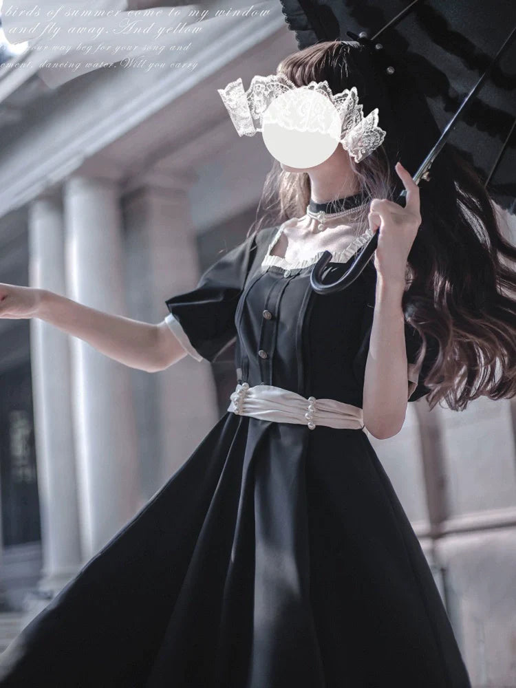 HuTaoMuJK - Thoughts - Vintage Lolita OP Dress Square Neckline Black Lolita Dress