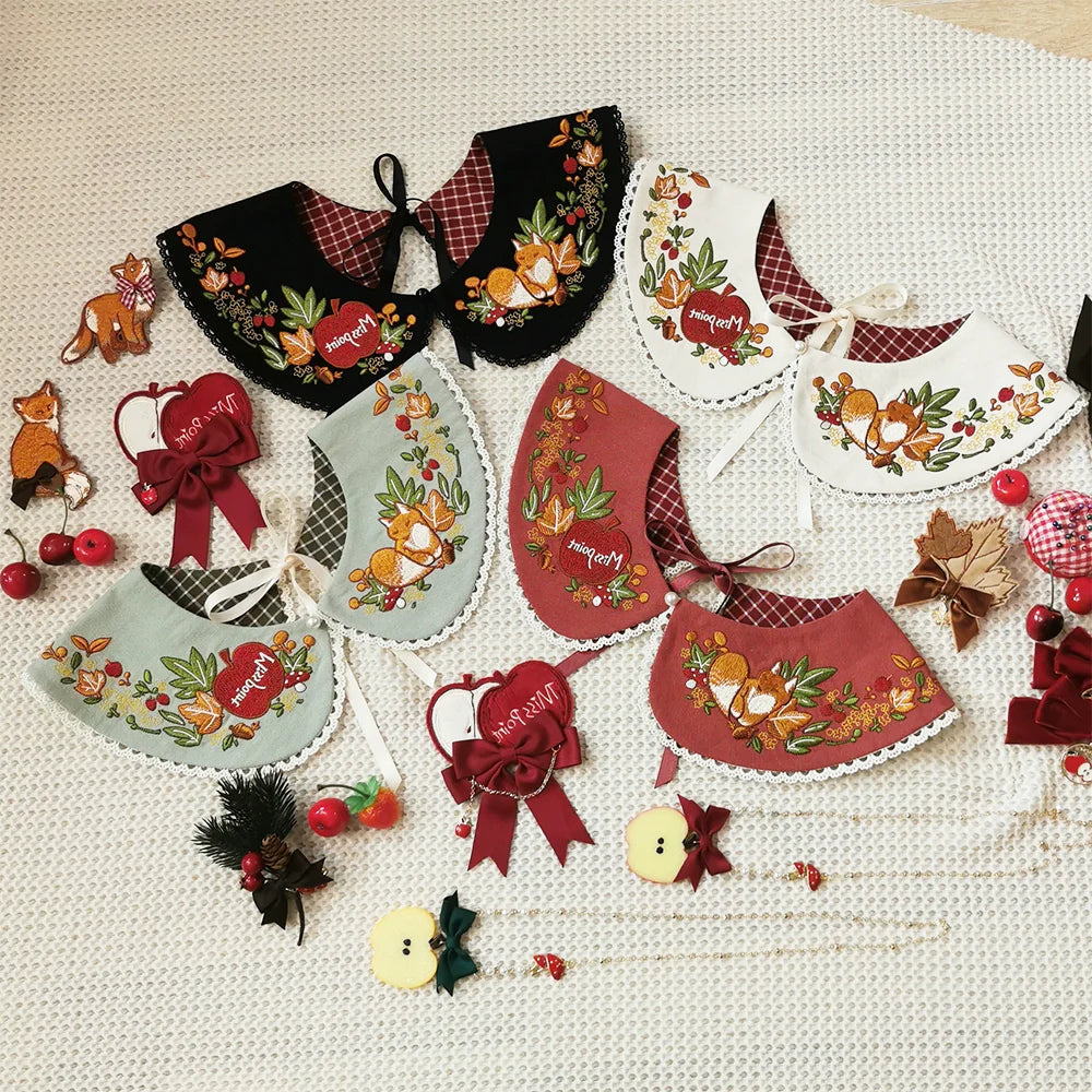 Miss Point - Chubby Fox in the Forest - Kawaii Lolita Accessories Knitted Fox Scarf Embroidered Faux Collar