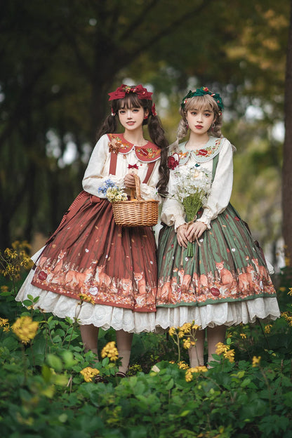 Miss Point - Chubby Fox in the Forest - Customized Lolita Skirt Embroidery Lace Cotton Lolita Skirt