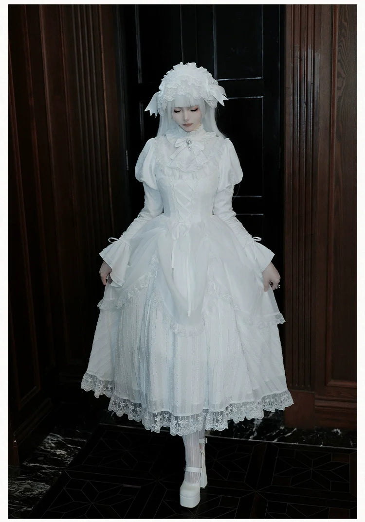 With PUJI - Fallen Heaven - White Gothic Lolita OP Set, Double Layered Skirt