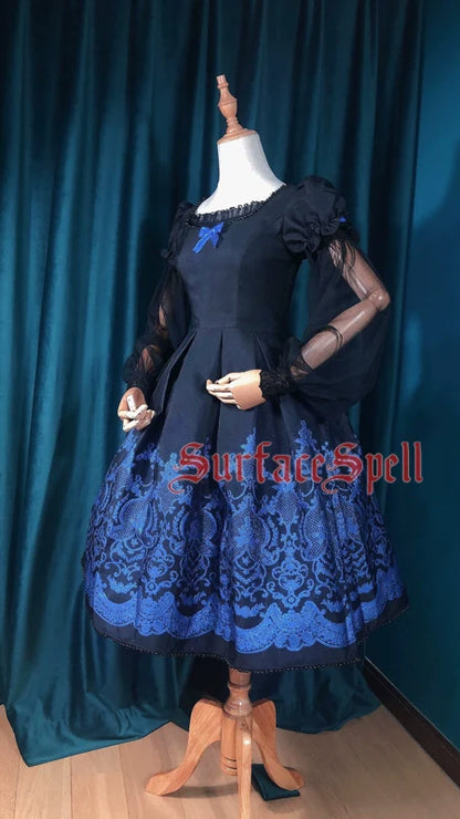 Surface Spell - Nocturne - Custom Gothic Lolita Dress Brocade Puff Sleeve Dress