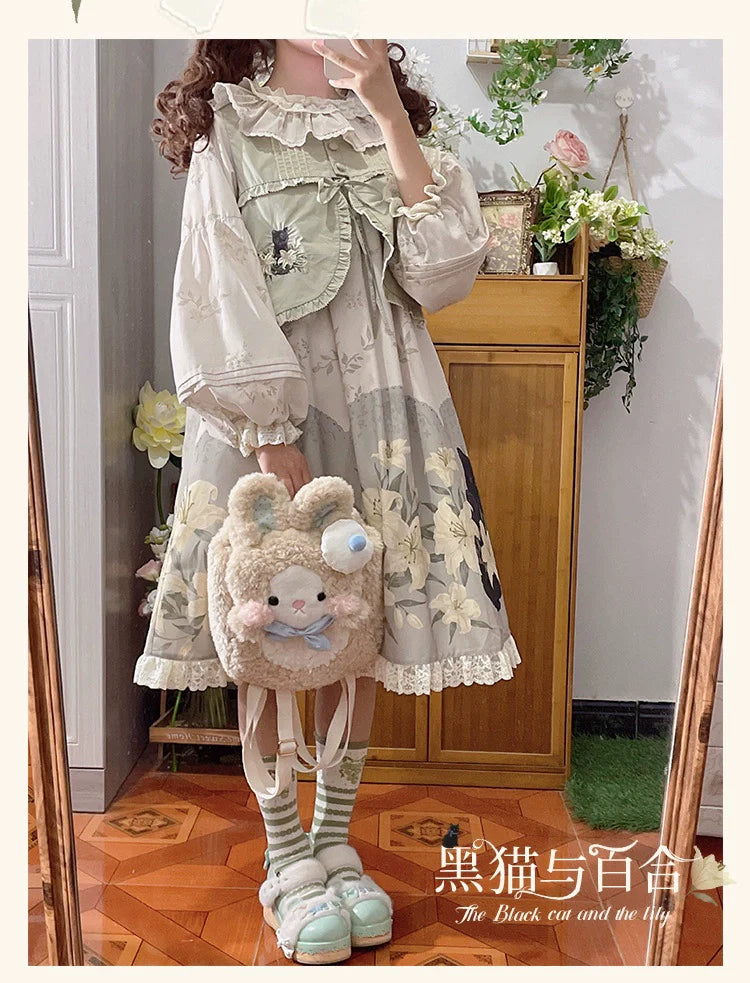 Akiyama Future Studio - Black Cat and Lily - Loose Kawaii Lolita OP Dress with Vest and Hat