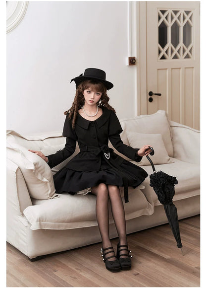 With PUJI - Old Testament - Classic Lolita Coat Black Plush Lolita Cape and Brooch