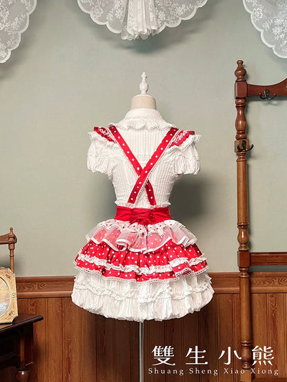 Shuang Sheng Xiao Xiong - Bite The Cake - Sweet Lolita Dress, Red & White Polka Dots
