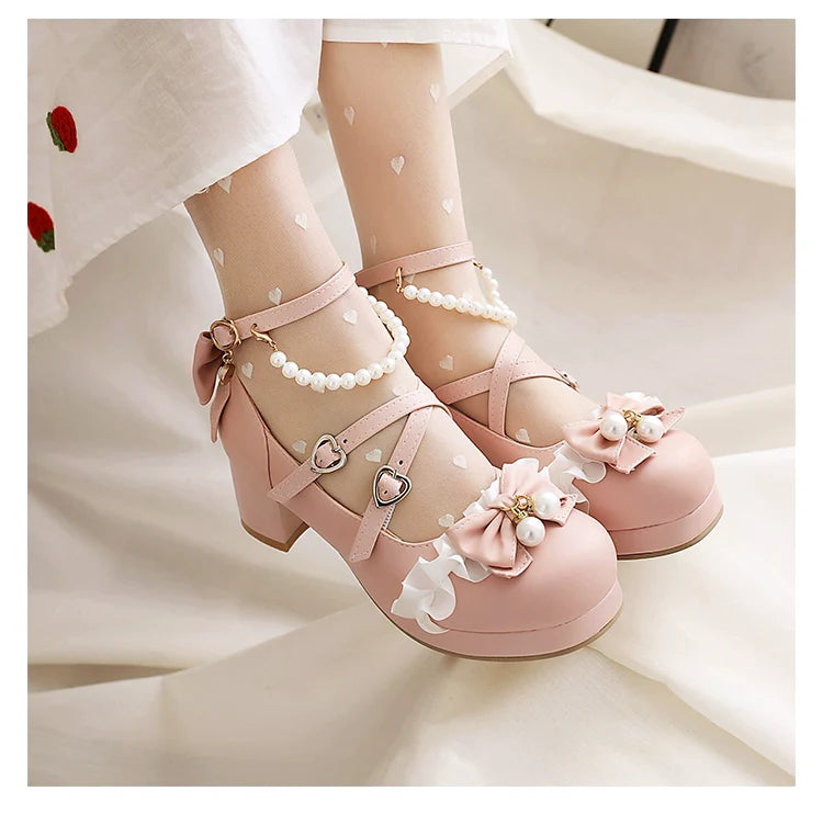 Yana - Round Toe Sweet Lolita Shoes, Detachable Pearl Chain