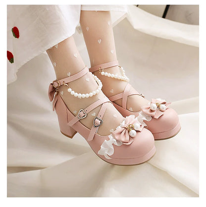 Yana - Round Toe Sweet Lolita Shoes, Detachable Pearl Chain