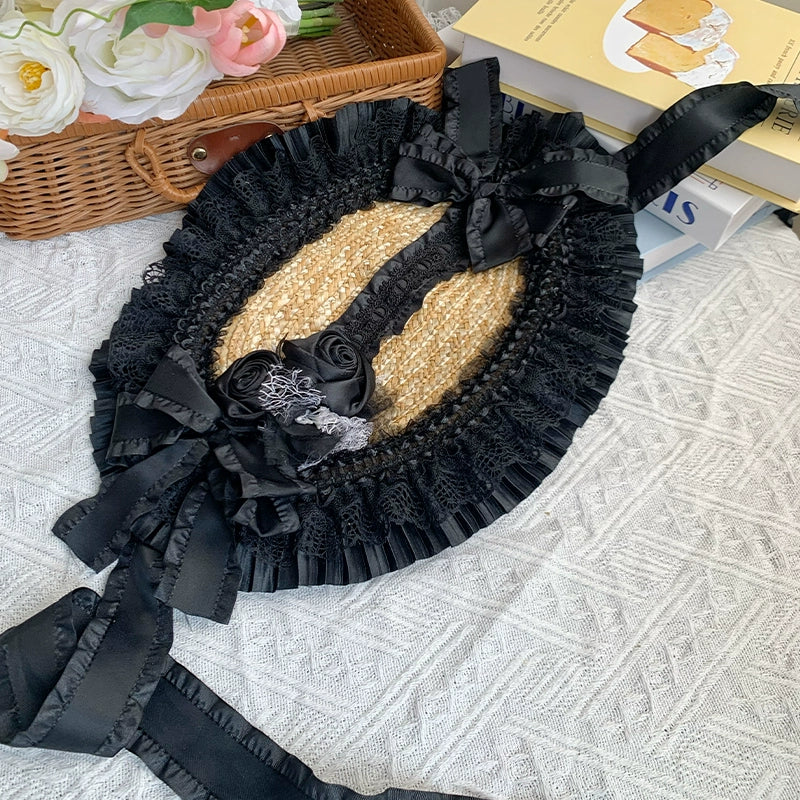 With PUJI - Floral Language - Country Lolita Lace Bow Flat Cap Straw Hat