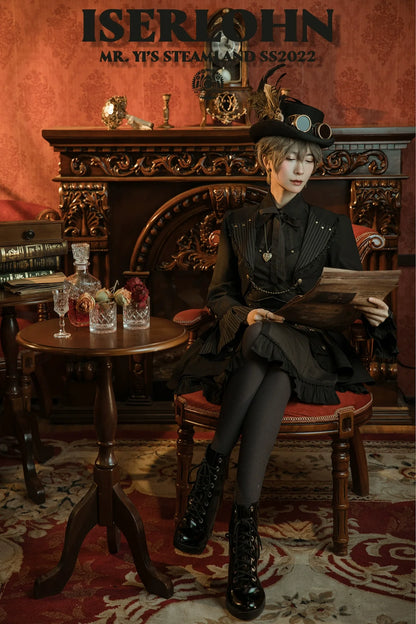 Mr. Yi's Steam Continent - Gothic Lolita Skirt Black High-Waisted Leather Waistband Skirt