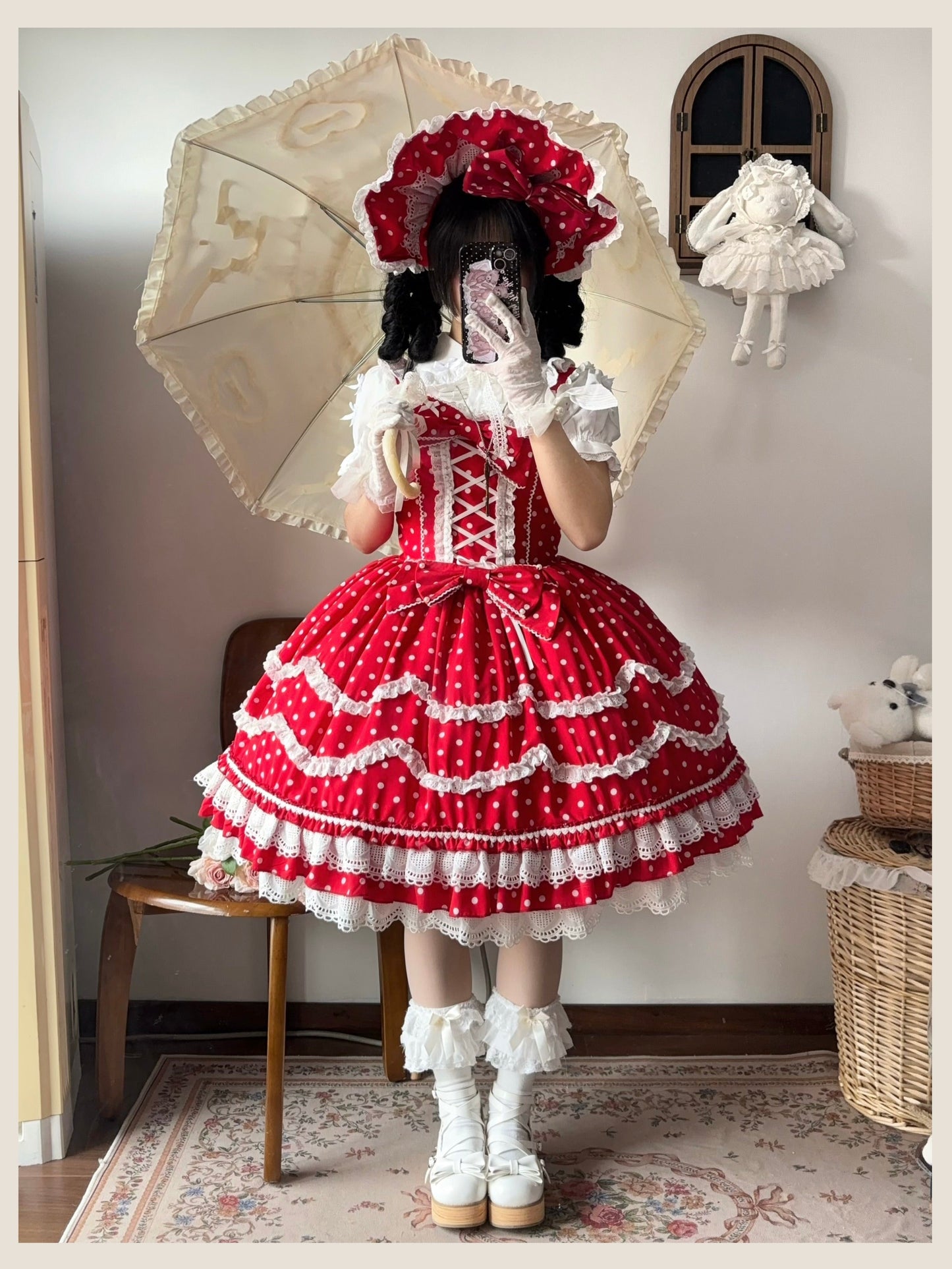 TaTaTa Lolita - Polka Bailys - Old School Lolita JSK Suit Red White Polka Dot Dress
