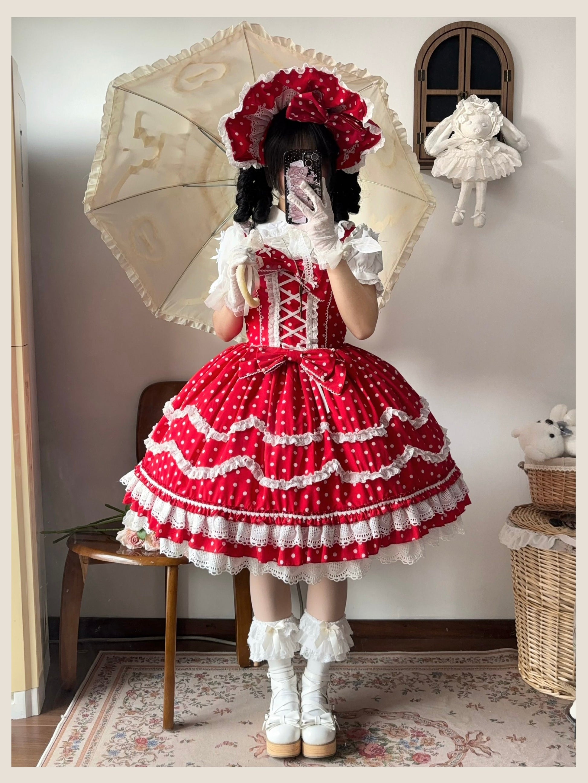 TaTaTa Lolita - Polka Bailys - Old School Lolita JSK Suit Red White Polka Dot Dress